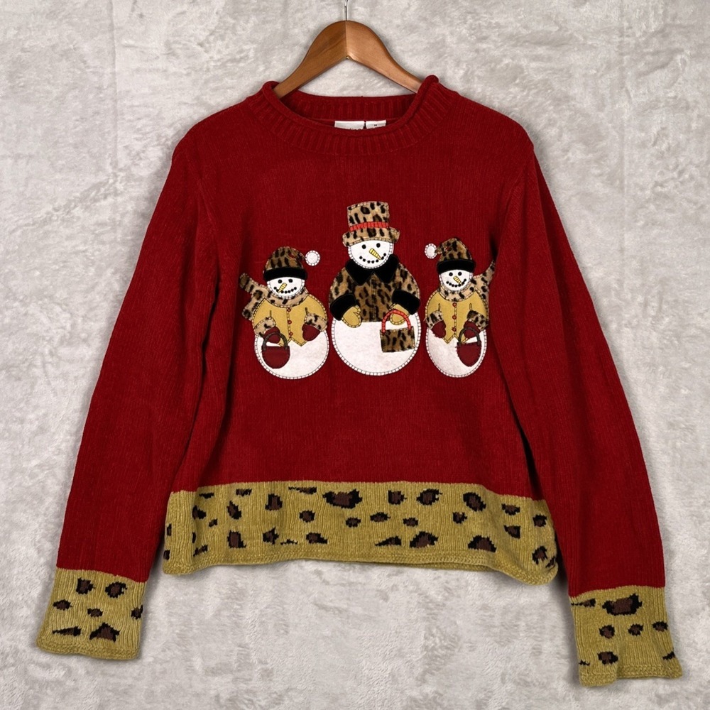 Vintage‎ Snowman Sweater Chenille Shirt Cheetah Print Red Christmas Top Medium M